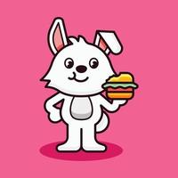 coniglio mangia hamburger mascotte illustrazione vettore