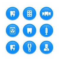 denti, cure odontoiatriche, stomatologia, icone del dentista su forme rotonde blu vettore