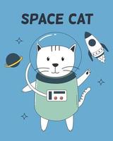 gatto spaziale con tuta da astronauta, razzo e pianeta vettore