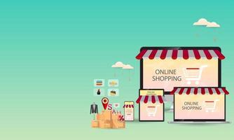 shopping online,concept desktop, con carte di credito e su sfondi blu, vettore