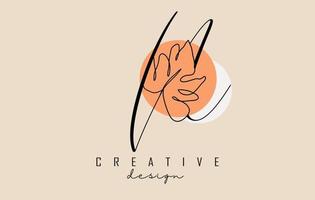 design semplice ed elegante del logo con lettera n scritta a mano con foglia di monstera una linea frawing e due cerchi illustrazione vettoriale. vettore