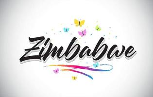 Zimbabwe testo di parola vettoriale scritto a mano con farfalle e swoosh colorato.