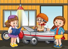 scena del garage con bambini che aggiustano un'auto insieme vettore