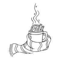 tazza con bevanda calda, limone e cannella con sciarpa. Natale inverno tazza di caffè, tè. illustrazione del profilo di vettore di doodle schizzo disegnato a mano. per il libro da colorare, biglietto di auguri di design.