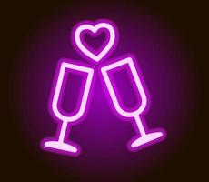 champagne al neon in bicchieri e cuore. icona di San Valentino. illustrazione vettoriale