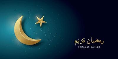 striscione orizzontale ramadan kareem con mezzaluna dorata e stella su sfondo blu scuro. Illustrazione di mezzaluna d'oro 3D.