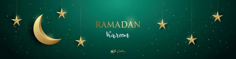 concetto di ramadan kareem con una combinazione di brillanti stelle dorate appese, luna crescente dorata e scintillii.