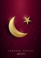 poster di ramadan kareem con luna crescente dorata, stella e lustrini.