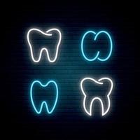 segno al neon del dente. set di insegne al neon bianche e blu incandescenti per studio dentistico su sfondo muro di mattoni scuri. vettore