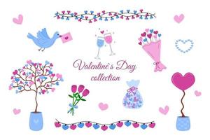 San Valentino insieme di elementi di design isolato. vettore raccolta di clipart amore rosa e blu su sfondo bianco. cuori piatti di san valentino, fiori, albero dell'amore e ghirlande