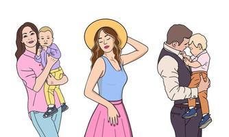 insieme di persone diverse, ragazza, madre con figlio, padre e figlio. illustrazione. vettore