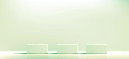 podio geometrico verde quadrato e scatole minimali. vetrina vuota per la presentazione del prodotto cosmetico. rivista di moda. disegno di illustrazione vettoriale. vettore