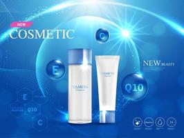 cosmetici o annunci di prodotti per la cura della pelle con effetto luce scintillante su sfondo blu e bottiglia. disegno di illustrazione vettoriale eps10.
