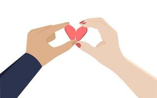 due mani che tengono due oggetti a forma di mezzo cuore, felice coppia romantica illustrazione vettoriale. vettore