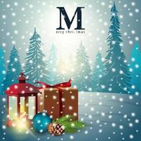 modello natalizio di cartolina con spazio copia, lanterna vintage, regali e paesaggio invernale sullo sfondo vettore