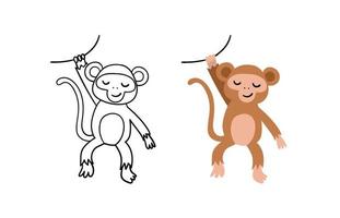 simpatico personaggio scimmia disegnato a mano. illustrazione vettoriale. contorno e versione a colori. vettore