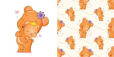 lo schema dell'orso felice è in piedi con un fiore sulla testa che trasporta un bambino vettore