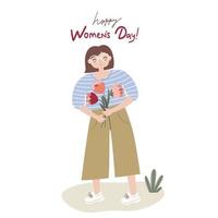 una giovane donna in pantaloni tiene un mazzo di fiori primaverili, per la giornata internazionale della donna. illustrazione vettoriale in stile piatto