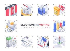 set di icone isometriche elettorali e di voto. seggi elettorali, elenco dei candidati, giorno delle elezioni, campagna elettorale legale, pacchetto isolato isometria 3d di analisi delle valutazioni. elementi isometrici di illustrazione vettoriale