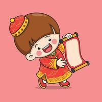 simpatico ragazzo cinese del capodanno che tiene in mano una pergamena vettore