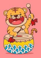simpatica tigre del capodanno cinese che suona il tamburo vettore