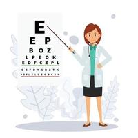 oftalmologia e oftalmologo concept.female medico oculista facendo esame della vista utilizzando chart.flat vettore 2d personaggio dei fumetti illustrazione