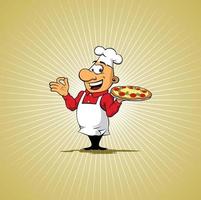 chef italiano in stile fumetto felice con baffi e pizza. ristorante lavoratore mascot.vector clip art illustrazione senza sfumature. vettore