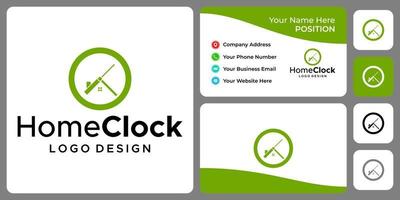 design del logo dell'orologio e della casa con modello di biglietto da visita. vettore