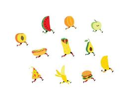 illustrazione di frutta e fast food. vettore. personaggi hamburger, pizza, hot dog, shawarma. simpatica mela, avacado, anguria, banana, pesche arancioni con i piedi. cibi biologici vivaci. vettore