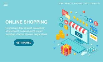 shopping online, concetto di vendita. acquistare in negozio al dettaglio da internet. Computer isometrico 3d, laptop con denaro, carta di credito, recensione cliente, feedback, confezione regalo, sorpresa. disegno vettoriale per banner web