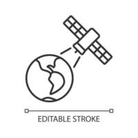 icona lineare del processo di osservazione della terra. indagine della superficie terrestre mediante satellite artificiale. illustrazione personalizzabile linea sottile. simbolo di contorno. disegno vettoriale isolato profilo. tratto modificabile