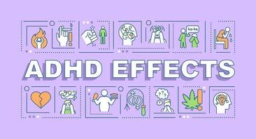 banner di concetti di parola effetti adhd. sbalzi d'umore. scarso autocontrollo. infografica con icone lineari su sfondo viola. tipografia creativa isolata. illustrazione a colori del contorno vettoriale con testo