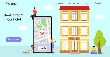 prenotazione di hotel, camere, appartamenti e prenotazioni di ricerca per il concetto di vacanza, può essere utilizzato per landing page, template, interfaccia utente, web, app mobile, poster, banner, flyer vettore