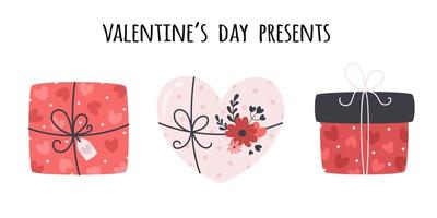 collezione regalo di San Valentino. scatole regalo con cuori e fiori vettore