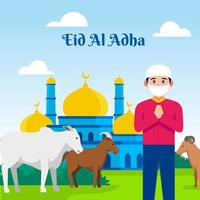 eid al adha mubarak. un musulmano porta una capra e una mucca per qurban. illustrazione vettoriale