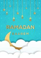 illustrazione di sfondo ramadan kareem con stile taglio carta, con nuvola ornamento, stella e lampion