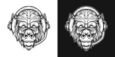 gorilla auricolare testa logo line art vettore