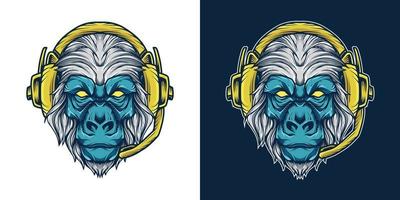 illustrazione del logo della mascotte della testa dell'auricolare della gorilla vettore
