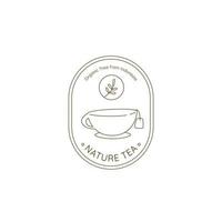 simbolo del distintivo del logo del tè della natura simbolo dell'emblema in linea monolinea semplice stile rustico minimalista con illustrazione della tazza di tè vettore