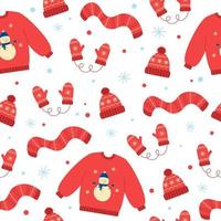 modello senza cuciture di cappello invernale rosso, guanti, sciarpa e maglione. elementi invernali su sfondo bianco. stile scarabocchio vettore