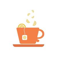 tazza arancione con tè all'arancia. una gustosa bevanda alla frutta.tazza e piattino isolato su uno sfondo bianco vettore