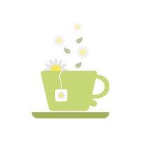 icona verde tazza e piattino piatto.una tazza con una bustina di tè e una foglia verde. una tazza di tè verde al vapore.tè alle erbe vettore