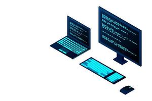 modello di pagina web di programmazione o sviluppo software. illustrazione vettoriale con vista isometrica del computer portatile e codice del programma sullo schermo. concetto di programmazione. illustrazione vettoriale