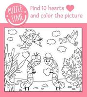 San Valentino da colorare per bambini. scena divertente con bruchi in giardino, cupido. illustrazione di contorno di vacanza vettoriale con insetti carini. libro a colori con per bambini con esempio colorato