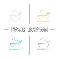 set di icone disegnate a mano piatto caldo cinese. zuppa, ramen, riso o pasta. pennellata di colore. illustrazioni abbozzate vettoriali isolate