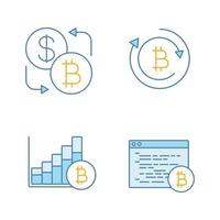 set di icone di colore criptovaluta bitcoin. cambio valuta, rimborso bitcoin, grafico di crescita del mercato, software minerario. illustrazioni vettoriali isolate
