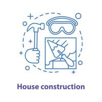icona del concetto di costruzione della casa. illustrazione della linea sottile dell'idea del processo di costruzione. muro di mattoni con pala triangolare e guanti. disegno vettoriale isolato contorno