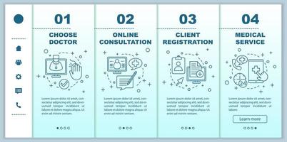 modello di pagine Web mobili di onboarding del servizio medico. clinica privata. appuntamento dal dottore. medicinale. consultazione in linea. interfaccia del sito Web per smartphone reattiva. schermate dei passaggi della procedura dettagliata della pagina Web vettore
