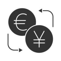 icona del glifo con cambio valuta euro e yen. simbolo di sagoma. spazio negativo. rimborso. illustrazione vettoriale isolato
