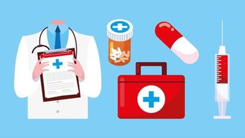 medico con kit di pronto soccorso, icone di cure di pronto soccorso di emergenza medica vettore